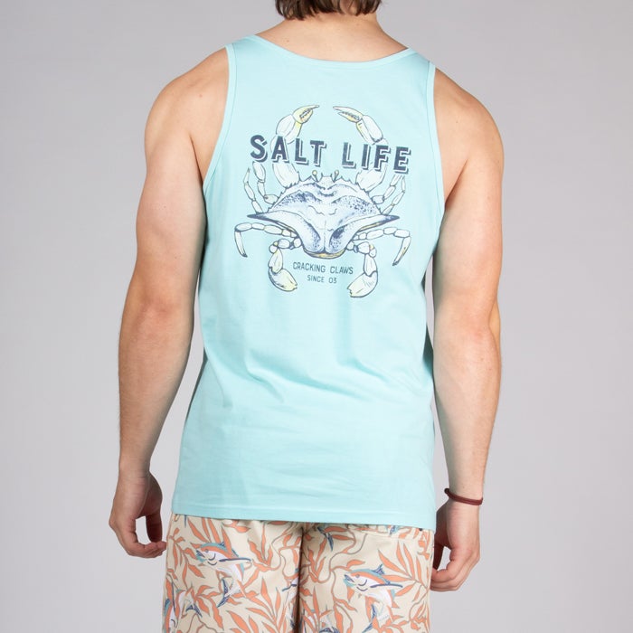 Model wearing Salt Life Mens Get Crackin Tank Top SLM11115 Aruba Blue Back