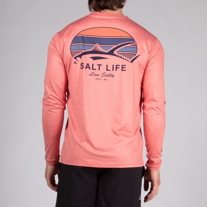 model wearing Salt Life Mens Tuna Tribe Long Sleeve SLX Pocket Tee SLM6348 Burnt coral heather Back
