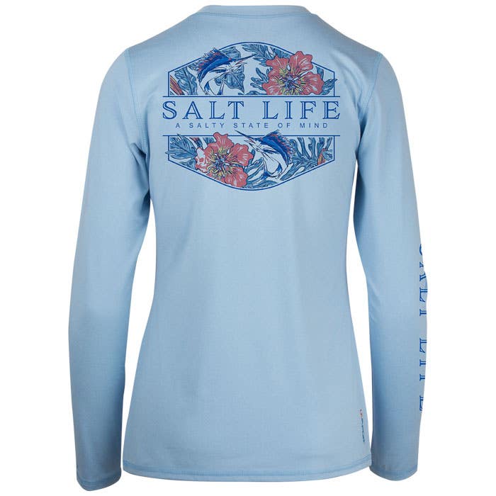 Salt Life Sailin Tropics Badge LS SLX Ladies Tee SLJ6041 Airy Blue Heather Back