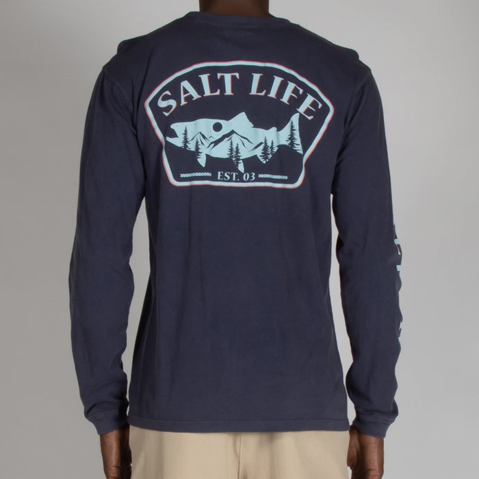 model wearing Salt Life King Salmon Long Sleeve Salt Wash SLM30337 Deep Navy Back