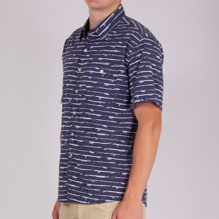 Model wearing Salt Life Tools Of The Trade Performance Woven SLM30290 Navy Left