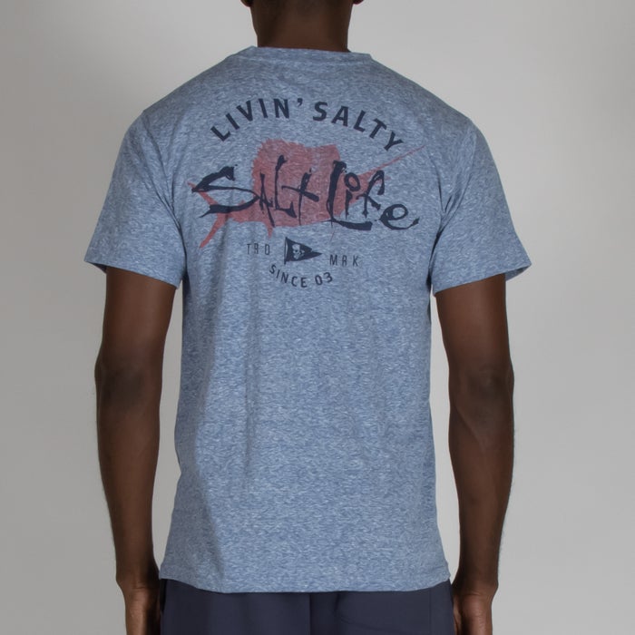 model wearing Salt Life Salty Sailin' Tri Blend SLM30343 Atlantic Blue Back