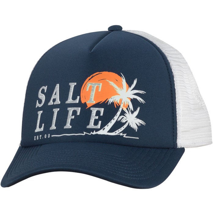 Salt Life Leaning Palms Trucker Mens Hat SLM20278 Baltic Blue Front