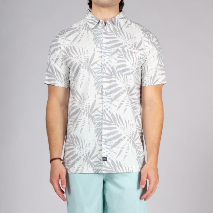Model wearing Salt Life Mens Jungle Vibes Woven Shirt SLM30347 WHITE Front