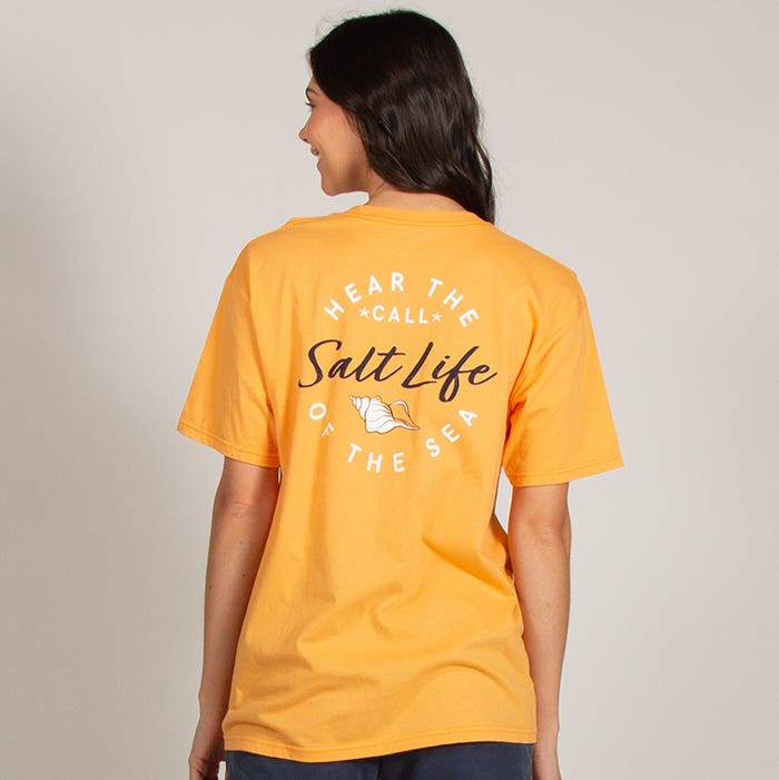 Model wearing Salt Life Call Of The Sea Short Sleeve Unisex Crew Neck Fit Tee SLJ10816 Mock Orange Back