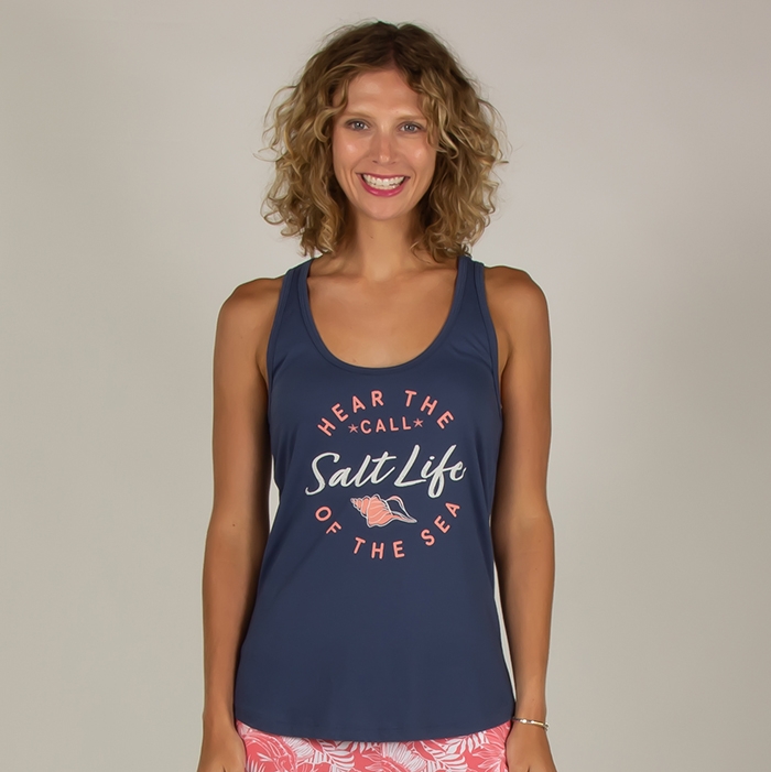 Model wearing Salt Life Call Of The Sea Tank 40's Jersey SLJ10795 Washed Navy Front Close Up