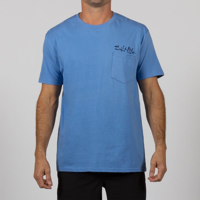 Model wearing Salt Life Geared Up Mens Tee SLM10954 Chambray Front
