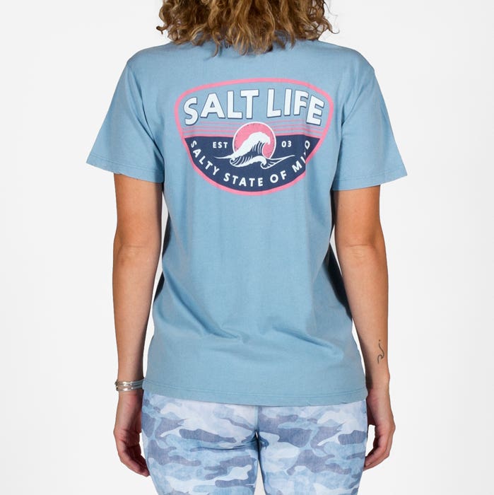 Model wearing Salt Life Morning Wave Ladies Tee SLJ10643 Atlantic Blue back