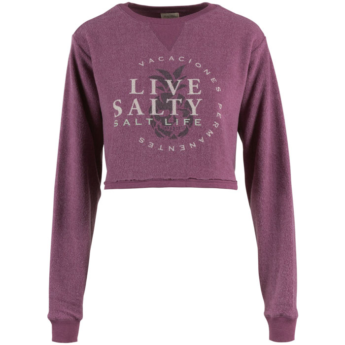 Salt Life Permanent Vacation Cropped Pullover Ladies Fleece SLJ5019 Berry Front