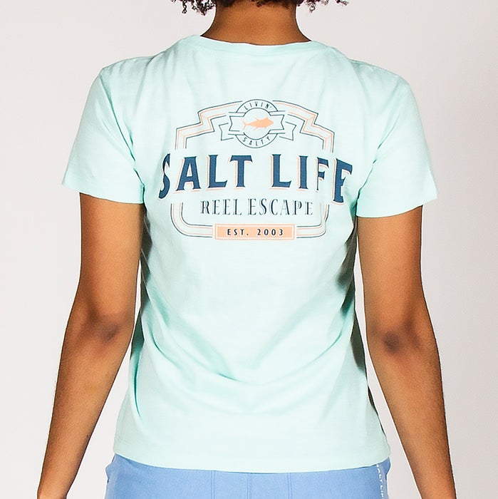 Model wearing Salt Life Reel Livin Ladies Tee SLJ10755 Light Aruba Back