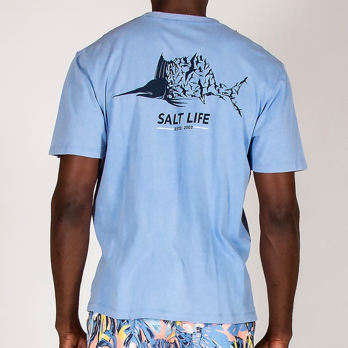 Model wearing Salt Life Sailbirds Mens Tee SLM30309 Azure Back