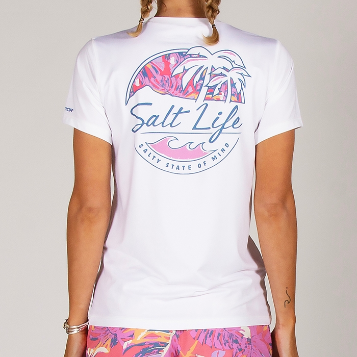 Model wearing Salt Life Shady Palms SLX Ladies Tee SLJ6090 White Back