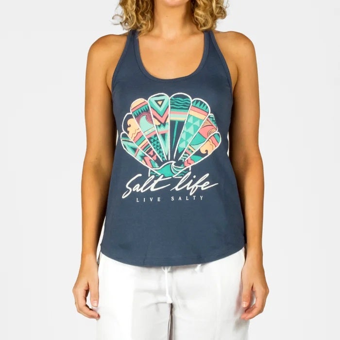 Model wearing Tribal Shell Tank Top SLJ10629 Washed Navy Front