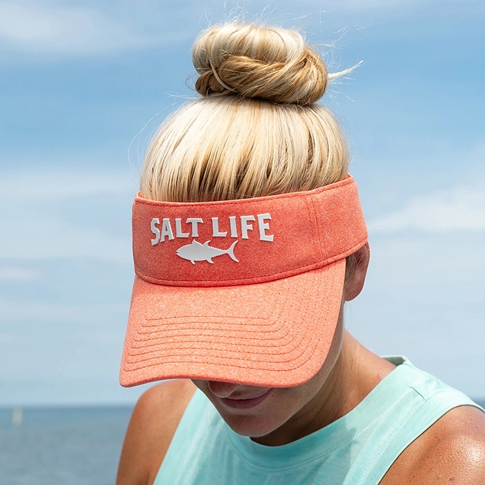 Lady wearing Salt Life Quest Visor Mens Hat SLM20273 Sunburst Front 